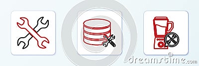 Set line Blender service, Crossed wrenchs and Database server icon. Vector Stock Photo