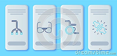 Set line Blind glasses, Wheelchair, Walking stick cane and Joint pain, knee pain icon. Vector Vector Illustration