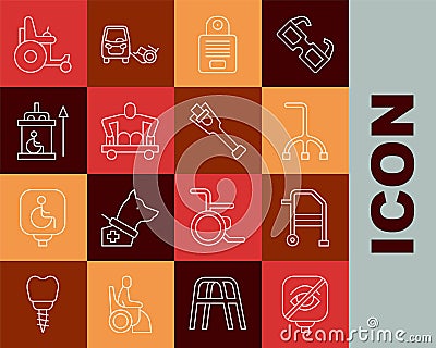 Set line Blindness, Walker, Walking stick cane, Intercom, Man without legs sitting wheelchair, Elevator for disabled Stock Photo