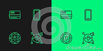 Set line Blockchain technology Bitcoin, Cryptocurrency, Credit card and Mobile phone icon. Vector Vector Illustration