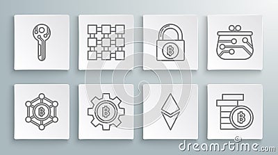Set line Blockchain technology Bitcoin, Cryptocurrency, Ethereum ETH, Lock with bitcoin, wallet and key icon. Vector Vector Illustration
