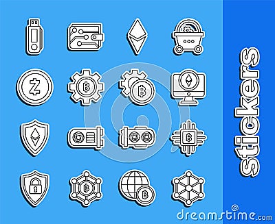Set line Blockchain technology, CPU mining farm, Monitor and Cryptocurrency coin Ethereum ETH, Bitcoin, Zcash ZEC, USB Vector Illustration