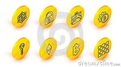 Set line Blockchain technology, Cryptocurrency coin Bitcoin, Ethereum ETH, key, wallet, Lock with bitcoin and icon Vector Illustration