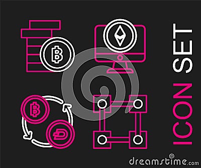 Set line Blockchain technology, Cryptocurrency exchange, Monitor and coin Ethereum ETH and Bitcoin icon. Vector Vector Illustration