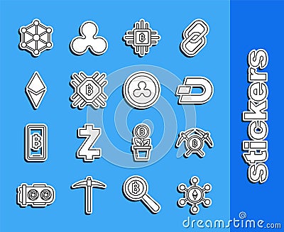 Set line Blockchain technology Ethereum ETH, Crossed pickaxe, Cryptocurrency coin Dash, CPU mining farm, and Ripple XRP Vector Illustration