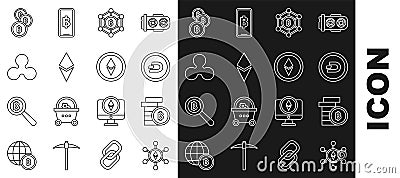 Set line Blockchain technology Ethereum ETH, Cryptocurrency coin Bitcoin, Dash, Ripple XRP, and icon. Vector Vector Illustration