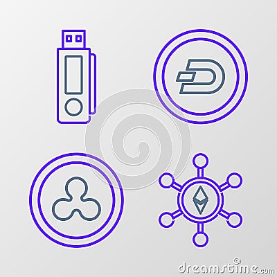 Set line Blockchain technology Ethereum ETH, Cryptocurrency coin Ripple XRP, Dash and USB flash drive icon. Vector Vector Illustration