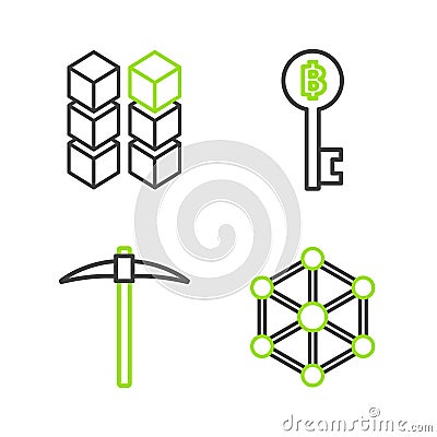 Set line Blockchain technology, Pickaxe, Cryptocurrency Bitcoin key and icon. Vector Editorial Stock Photo