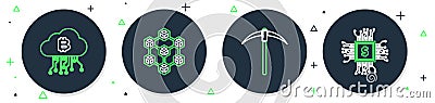 Set line Blockchain technology, Pickaxe, Cryptocurrency cloud mining and CPU farm icon. Vector Stock Photo