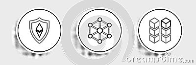 Set line Blockchain technology, Shield Ethereum ETH and icon. Vector Editorial Stock Photo