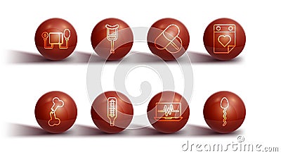 Set line Blood pressure, Human broken bone, Doctor appointment, Laptop with cardiogram, Medical thermometer, Crutch Vector Illustration