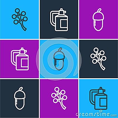 Set line Blossom tree branch, Acorn and Garden sprayer for fertilizer icon. Vector Vector Illustration