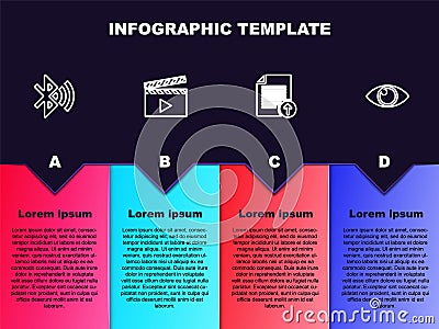 Set line Bluetooth connected, Movie clapper, Upload file and Eye. Business infographic template. Vector Vector Illustration