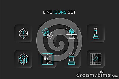 Set line Board game, Chess, Crossword, Game dice, Bingo and icon. Vector Vector Illustration