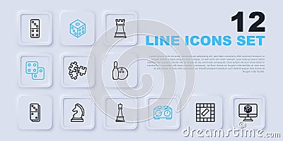 Set line Board game, Game dice, Puzzle pieces toy, Time chess clock, Chess, and icon. Vector Vector Illustration