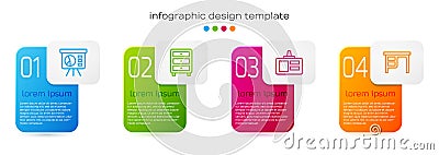 Set line Board with graph, Archive papers drawer, Identification badge and Office desk. Business infographic template Vector Illustration