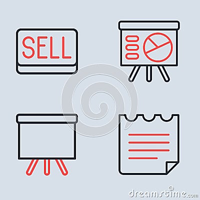 Set line Board with graph, Chalkboard, Notebook and Sell button icon. Vector Vector Illustration