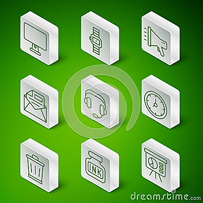 Set line Board with graph, Inkwell, Computer monitor, Headphones, Mail and e-mail, Wrist watch, Trash can and Clock icon Vector Illustration
