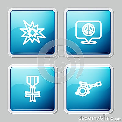 Set line Bomb explosion, Location peace, Military reward medal and Howitzer icon. Vector Vector Illustration