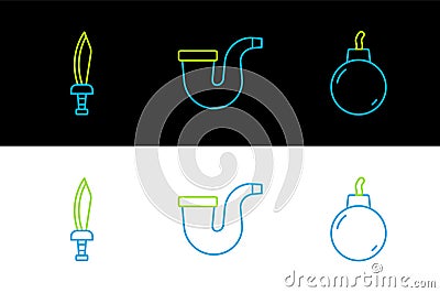 Set line Bomb ready to explode, Pirate sword and Smoking pipe icon. Vector Stock Photo