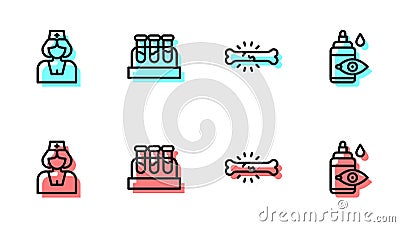 Set line Bone pain, Nurse, Test tube with blood and Eye drop bottle icon. Vector Vector Illustration