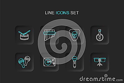 Set line Bongo drum, Microphone, Vinyl player with vinyl disk, Maracas, Banjo, Guitar pick, Pan flute and Drum sticks Vector Illustration