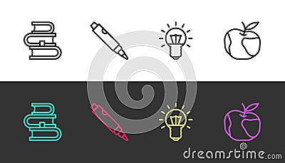 Set line Book, Marker pen, Light bulb and Apple on black and white. Vector Vector Illustration