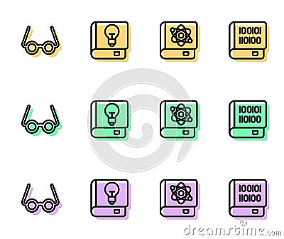 Set line Book about physics, Glasses, User manual and Books programming icon. Vector Vector Illustration