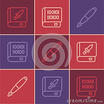 Set line Book about weapon, Fountain pen nib and Books programming icon. Vector Vector Illustration