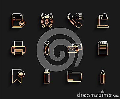 Set line Bookmark, USB flash drive, Document and check, folder, Pencil, Tie, Notebook and Envelope icon. Vector Vector Illustration