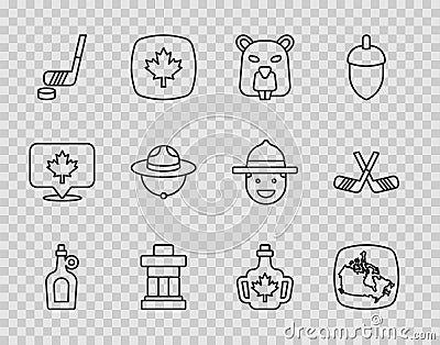 Set line Bottle of maple syrup, Canada, Beaver animal, Inukshuk, Ice hockey stick and puck, Canadian ranger hat, and Vector Illustration