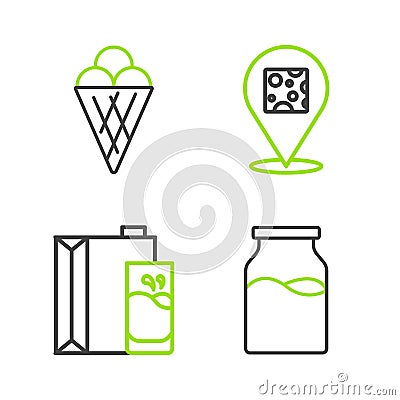 Set line Bottle with milk, Paper package for, Cheese and Ice cream in waffle cone icon. Vector Stock Photo