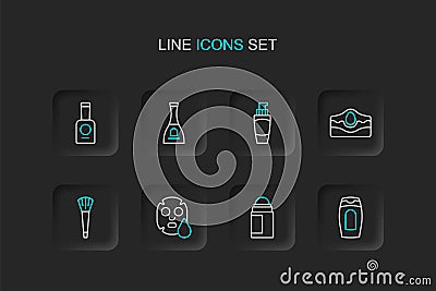 Set line Bottle of shampoo, Deodorant roll, Facial cosmetic mask, Makeup brush, Acne, Tube hand cream, nail polish and Vector Illustration