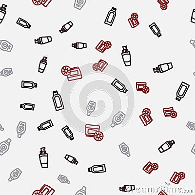 Set line Bottle of shampoo, Tube hand cream, and Sunscreen in tube on seamless pattern. Vector Stock Photo