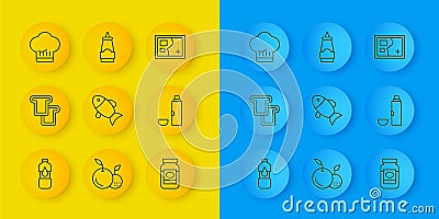 Set line Bottle of water, Bread toast, Fish, Jam jar, Thermos container, Chef hat, Folded map and Sauce bottle icon Vector Illustration