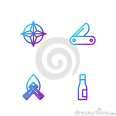 Set line Bottle of water, Campfire, Wind rose and Swiss army knife. Gradient color icons. Vector Vector Illustration