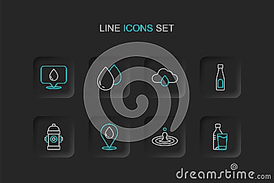 Set line Bottle of water with glass, Water drop, location, Fire hydrant, Cloud rain, and icon. Vector Vector Illustration