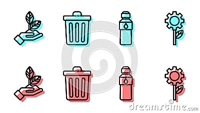 Set line Bottle of water, Plant in hand, Trash can and Leaf plant in gear machine icon. Vector Vector Illustration