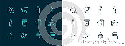 Set line Bottle of water, Watering can, Shower, filter cartridge, drop with speech bubbles and jug icon. Vector Stock Photo