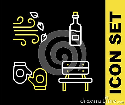 Set line Bottle of wine, Bench, Christmas mitten and Windy weather icon. Vector Vector Illustration