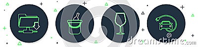 Set line Bottle of wine in bucket, Wine glass, FTP folder download and Electric car icon. Vector Vector Illustration