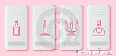 Set line Bottle of wine, Burning candle in candlestick, Candelabrum with candlesticks and Priest. White rectangle button Vector Illustration