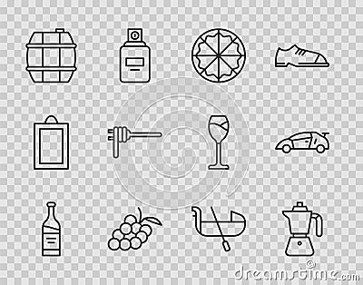 Set line Bottle of wine, Coffee moca pot, Pizza, Grape fruit, Barrel for, Pasta spaghetti, Gondola and Sport racing car Vector Illustration