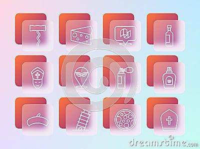 Set line Bottle of wine, Leaning tower Pisa, Perfume, Pizza, Carnival mask, Flag Italy, Wine corkscrew and Cheese icon Stock Photo