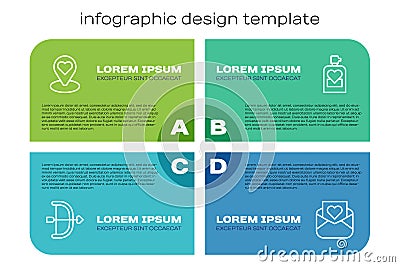 Set line Bow and arrow, Location with heart, Envelope Valentine and Perfume. Business infographic template. Vector Vector Illustration