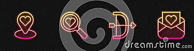 Set line Bow and arrow, Location with heart, Search love and Envelope Valentine. Glowing neon icon. Vector Vector Illustration