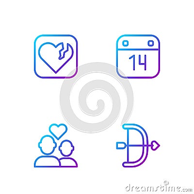 Set line Bow and arrow, Lover couple, Broken heart or divorce and Calendar with February 14. Gradient color icons Stock Photo