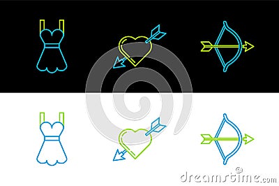 Set line Bow and arrow, Woman dress and Amour symbol with heart icon. Vector Vector Illustration