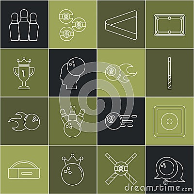 Set line Bowling ball, Billiard chalk, cue, triangle, Award cup, pin and icon. Vector Vector Illustration