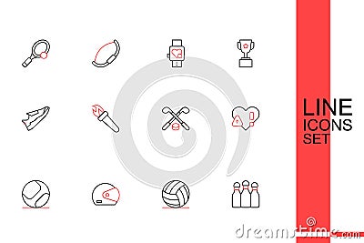 Set line Bowling pin, Volleyball ball, Racing helmet, Baseball, Heart rate, Ice hockey sticks and puck, Torch flame and Stock Photo